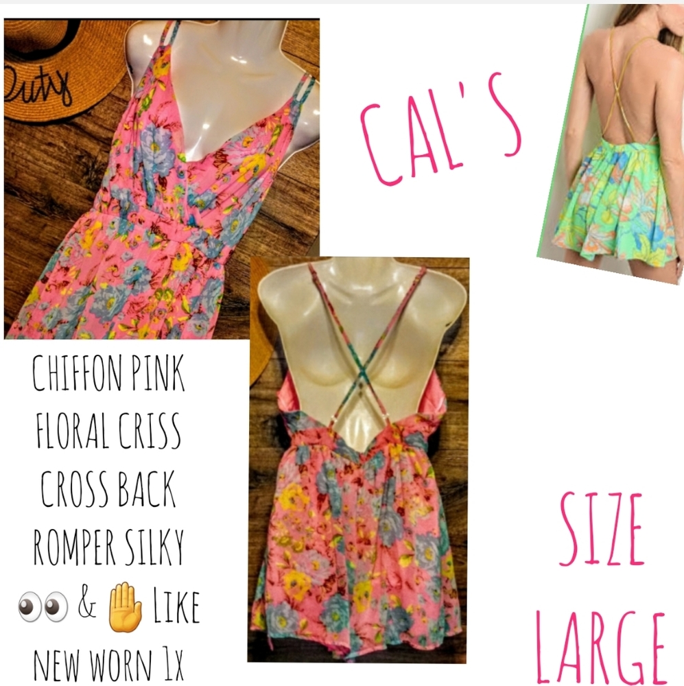 Cals Romper Size L Pink Criss Cross Back Floral